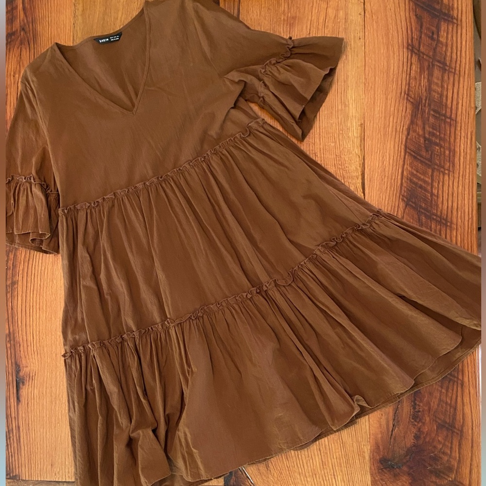 Shein Rust Frill Trim Maternity Dress, Flounce Sleeves, 100% Cotton, Size Medium